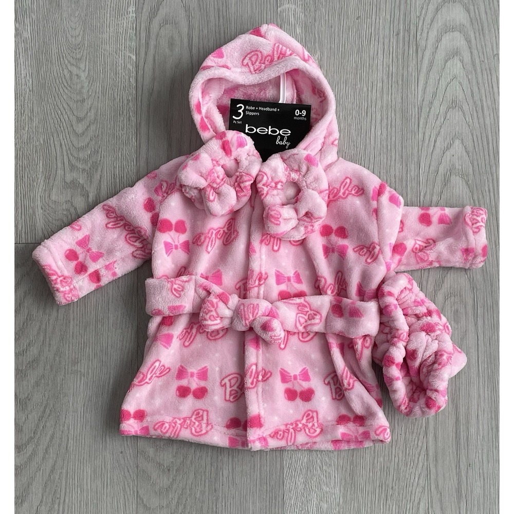 NEW Bebe Baby Size 0-9M 3 Piece Pink Cherry & Bow‎ Set - Robe Slippers Headband
